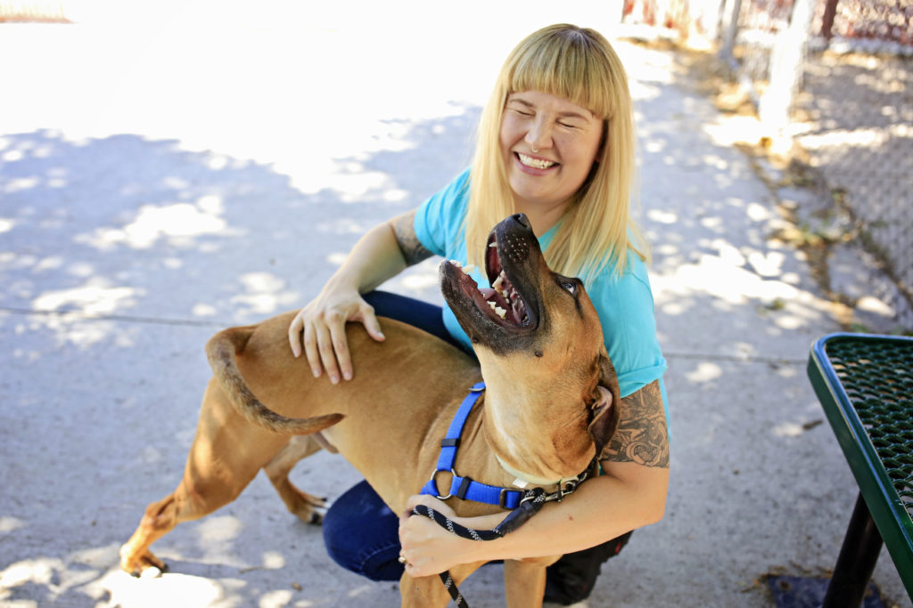 volunteer with happy dog
