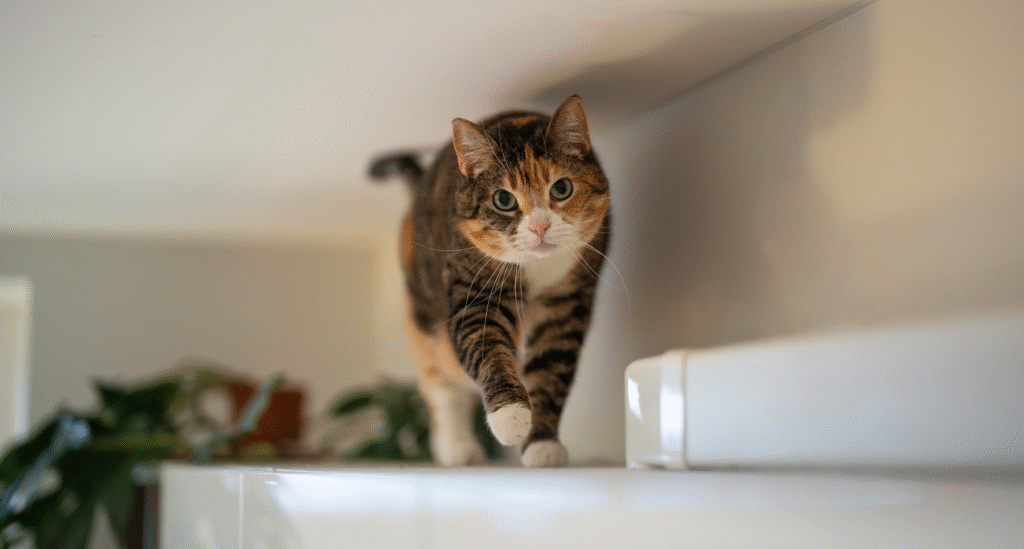 Calico cat walking confidently along an indoor shelf in a safe home environment. 