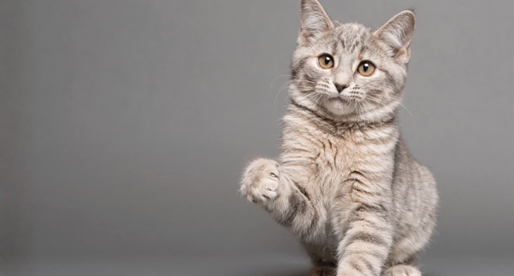 Gray tabby cat sitting upright with one paw raised against a neutral background.