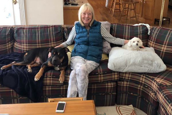 Leo a black and tan bully breed mix dog sits on couch with adopter and another small white fluffy dog. 