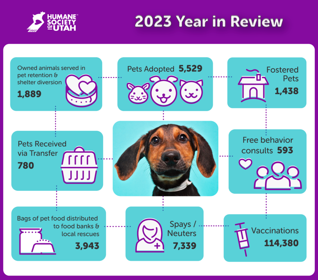 Humane Society of Utah Year in Review 2023 infographic. 5,529 pets adopted, 1,438 pets fostered, 1,189 owned animal served through pet retention and shelter diversion, 593 free behavio consults, 3,943 bags of pet food distributed to local food banks & rescues, and 7,339 animals spayed/neutered. 