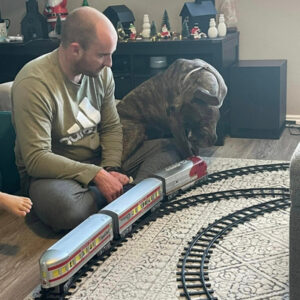 Lady in her adopted home watches a toy train in the living room.