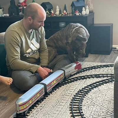 Lady in her adopted home watches a toy train in the living room. 