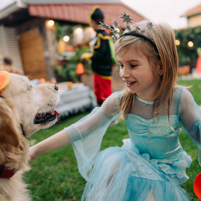 A little girl in a blue princess costume reaches out to pet a large golden colored dog in a yard with halloween decorations. 